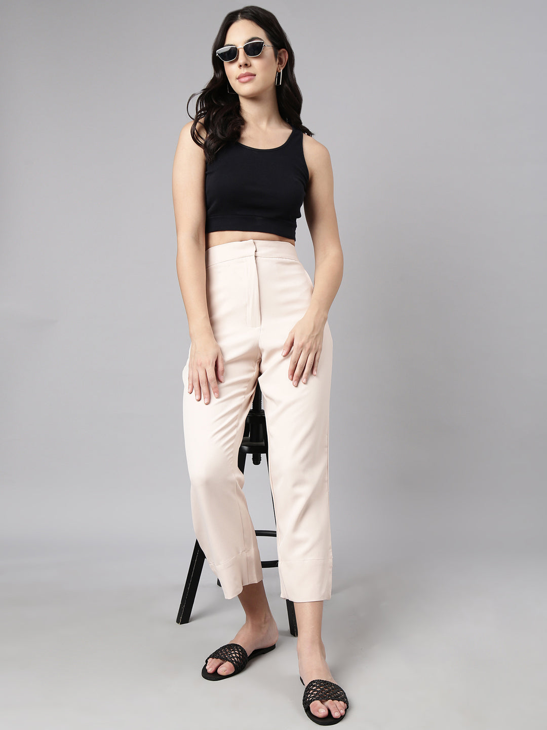 Women Solid Cream Parallel Trousers