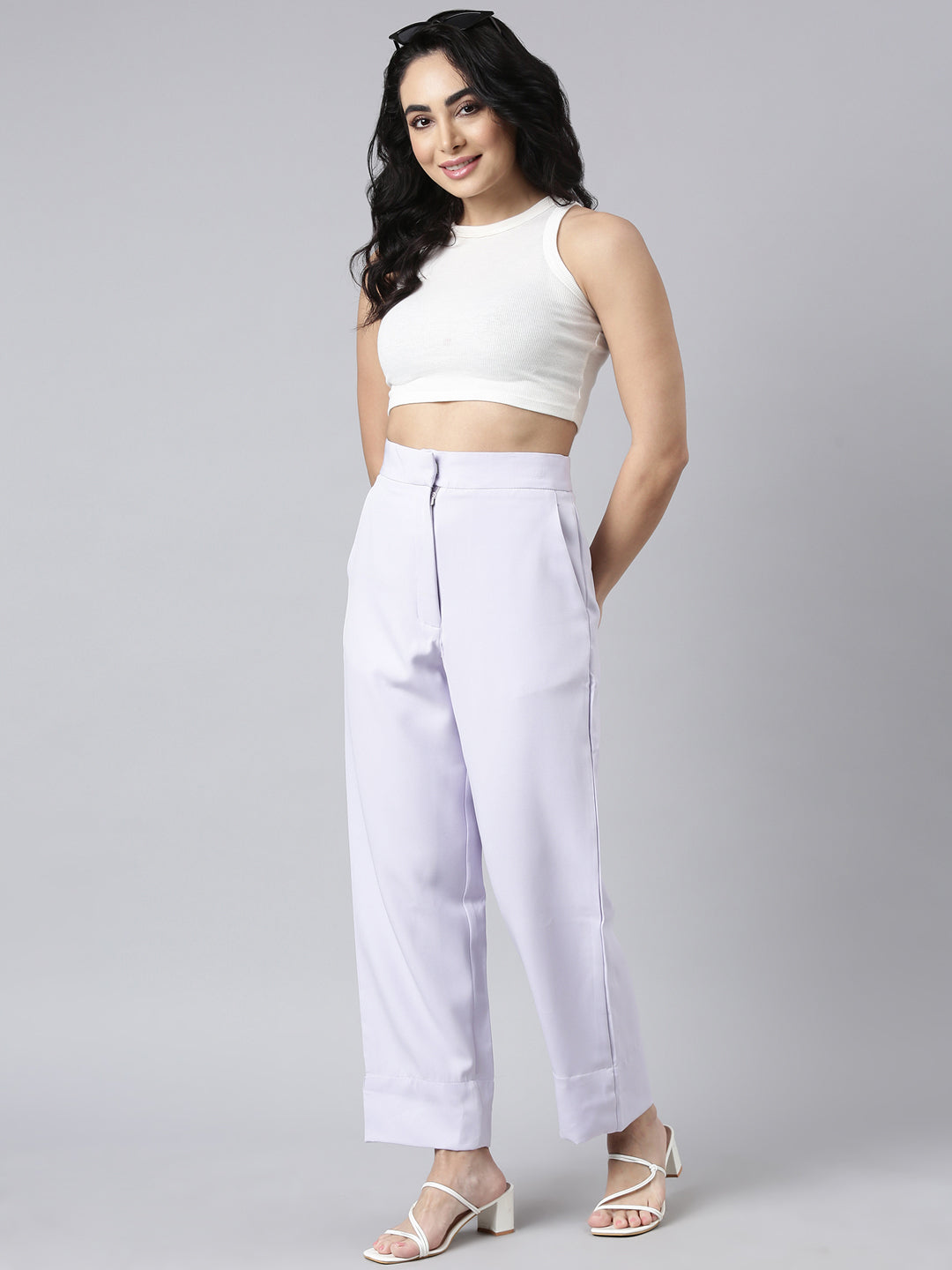 Women Solid Lavender Parallel Trousers