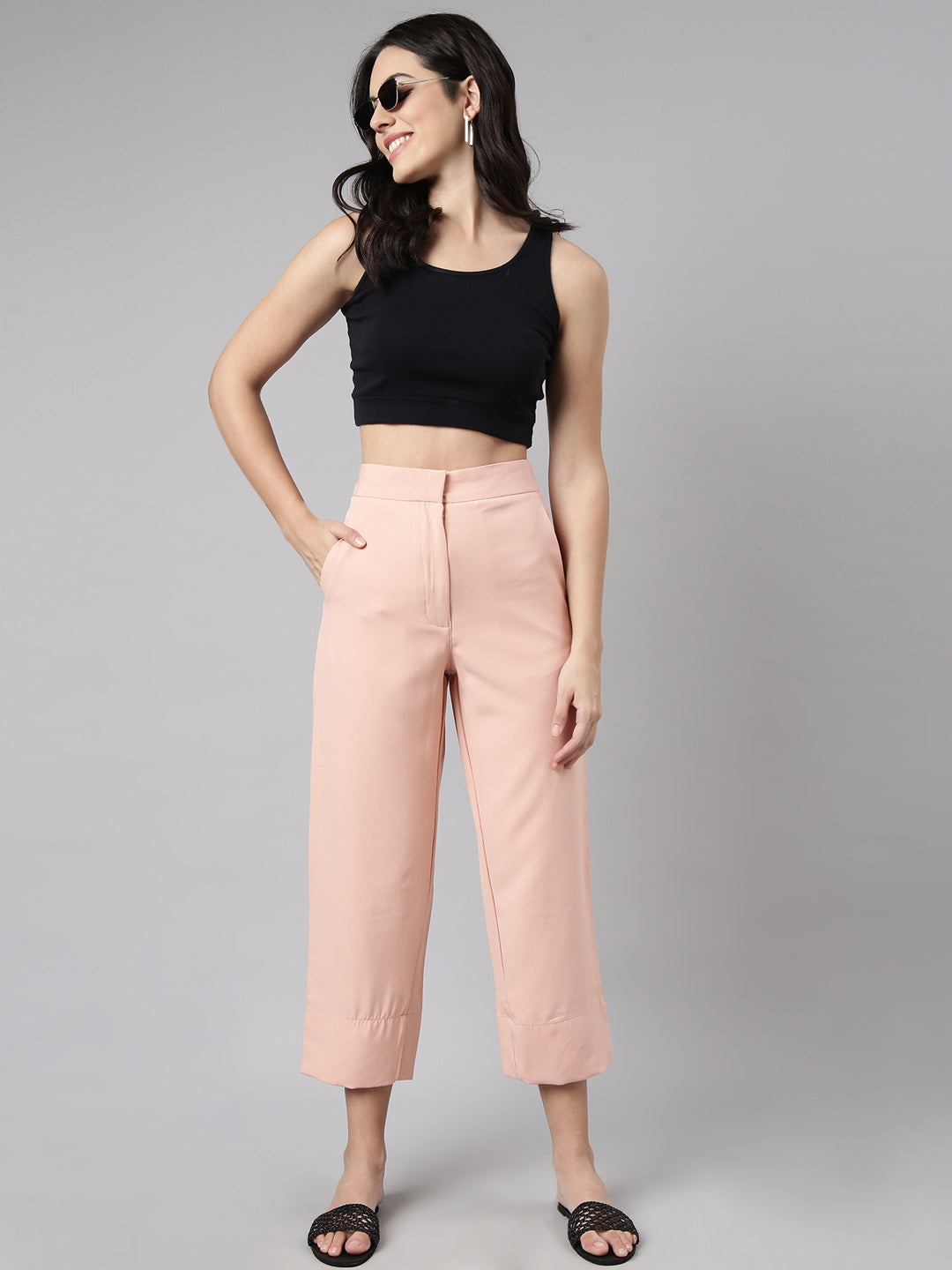 Women Solid Peach Parallel Trousers