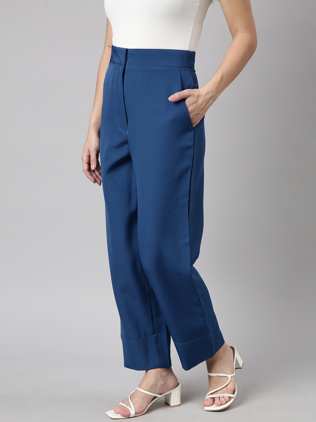Women Solid Teal Parallel Trousers