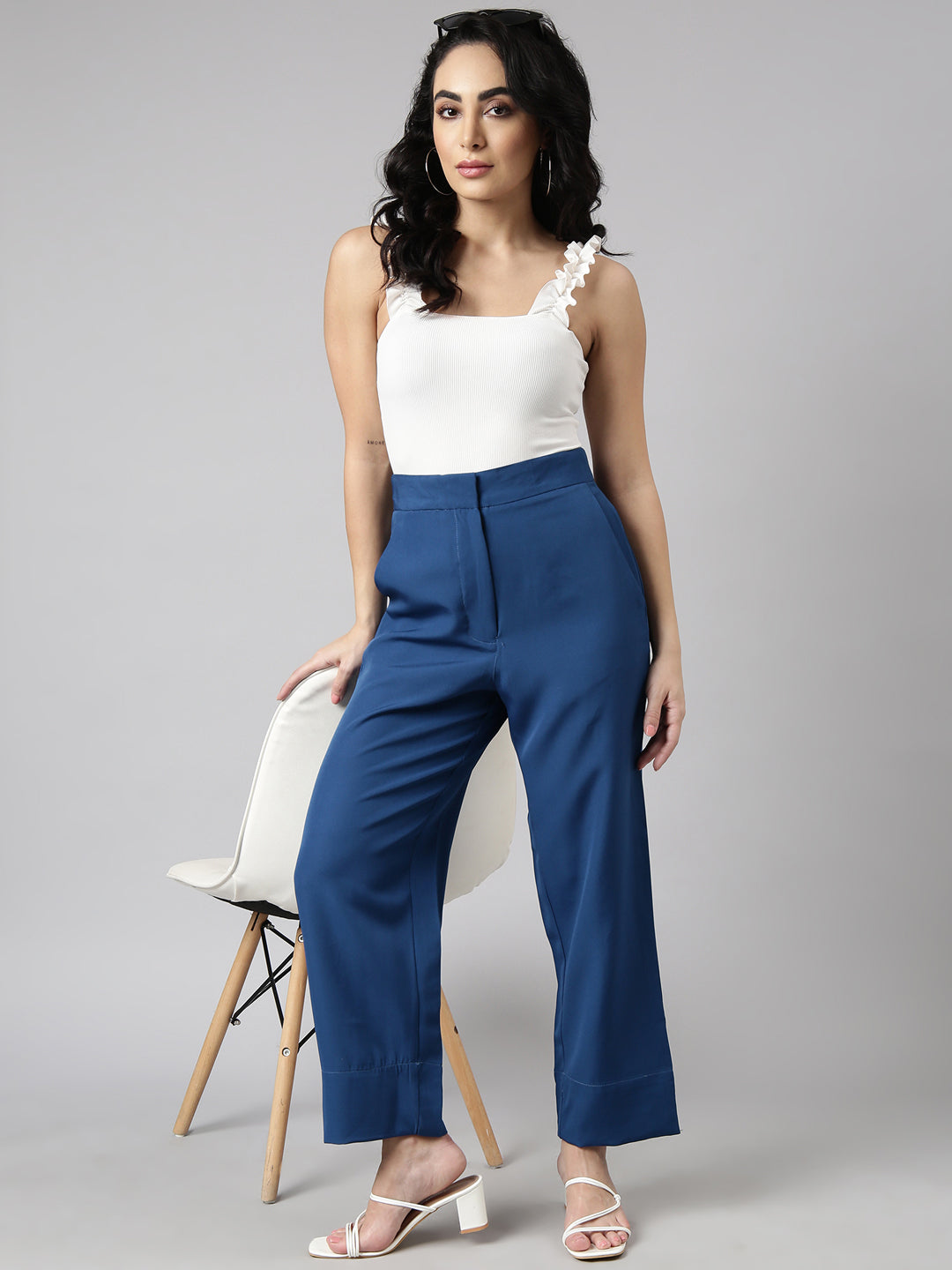 Women Solid Teal Parallel Trousers