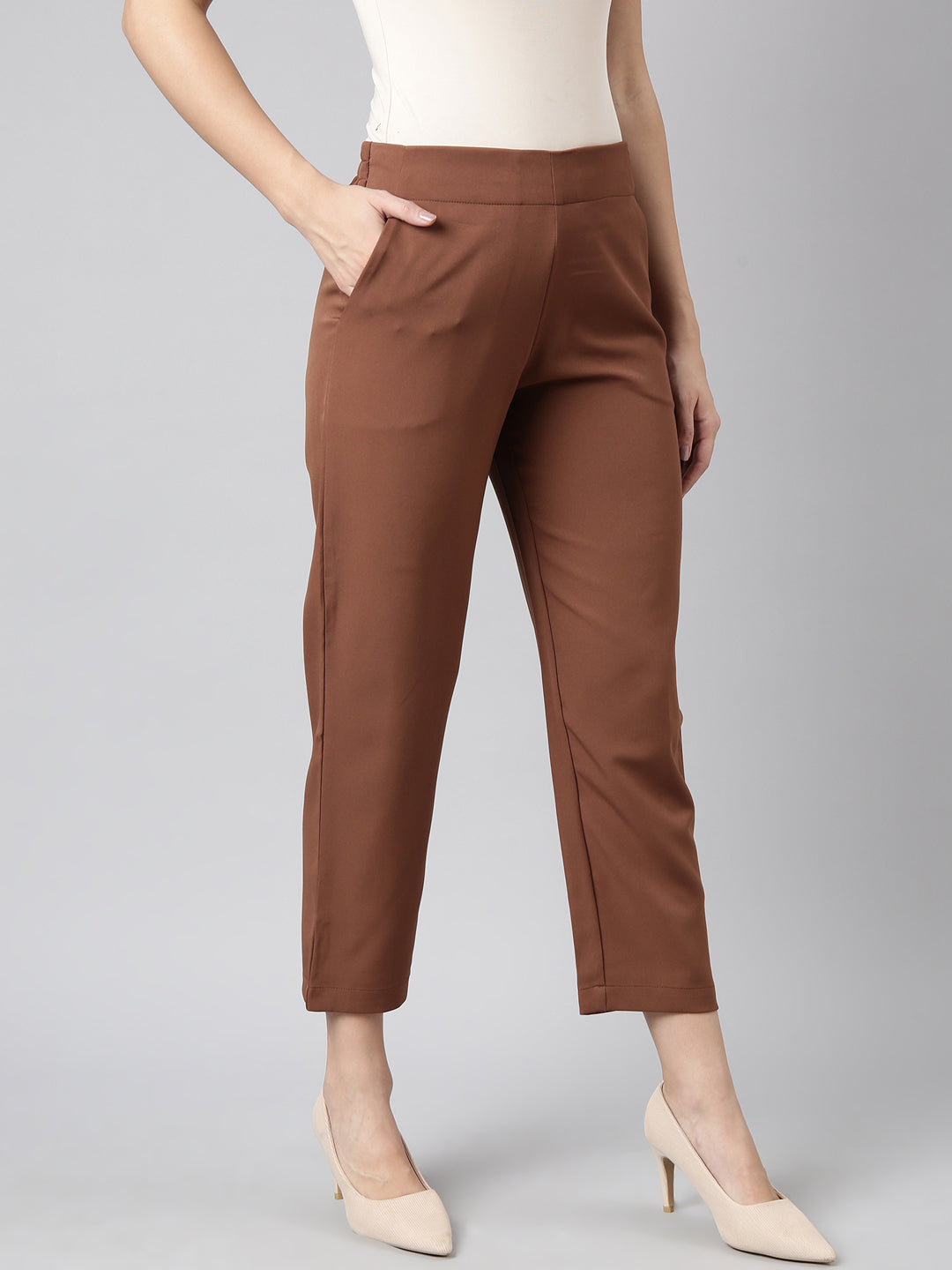 Women Solid Brown Formal Trousers