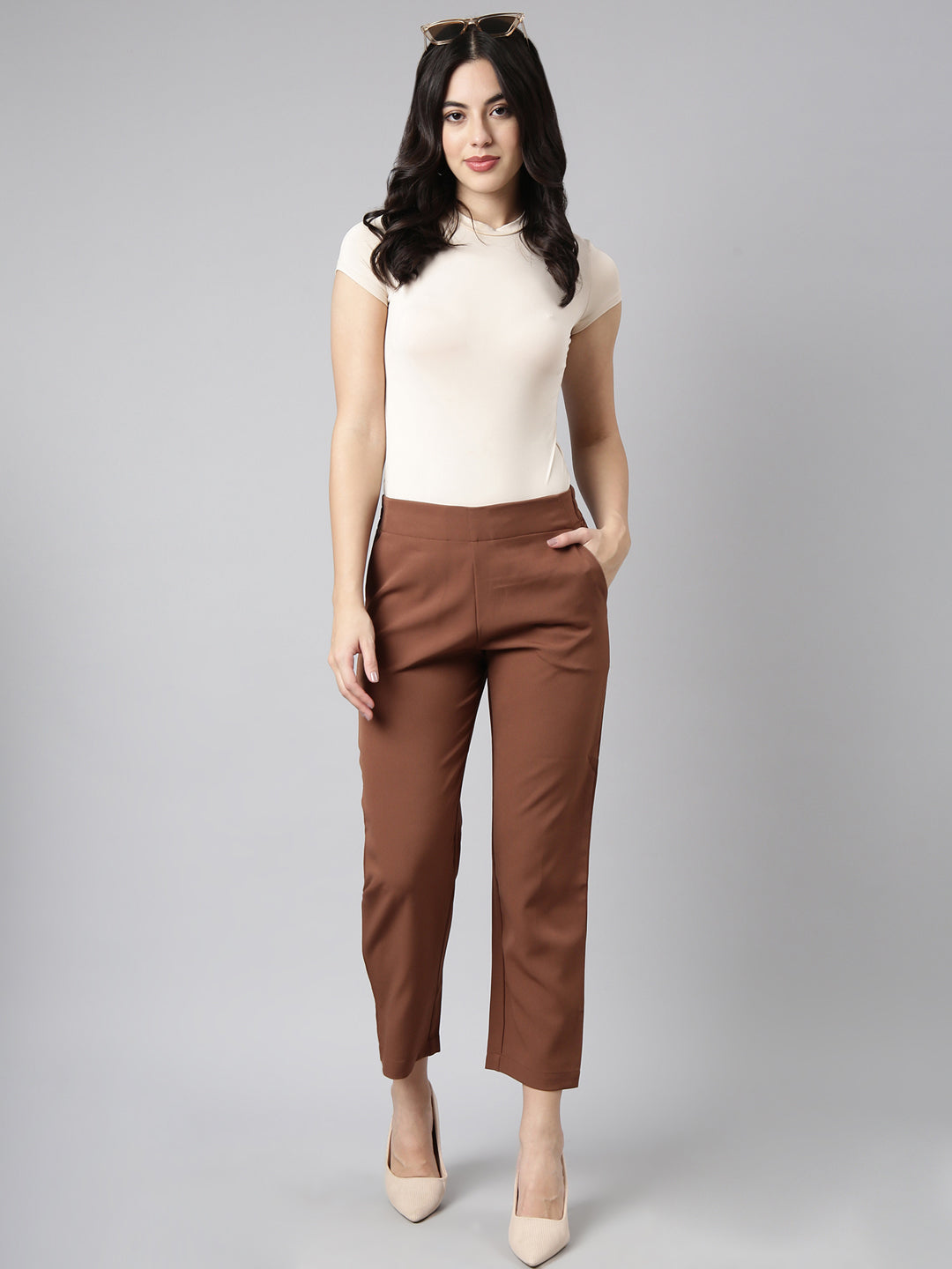 Women Solid Brown Formal Trousers