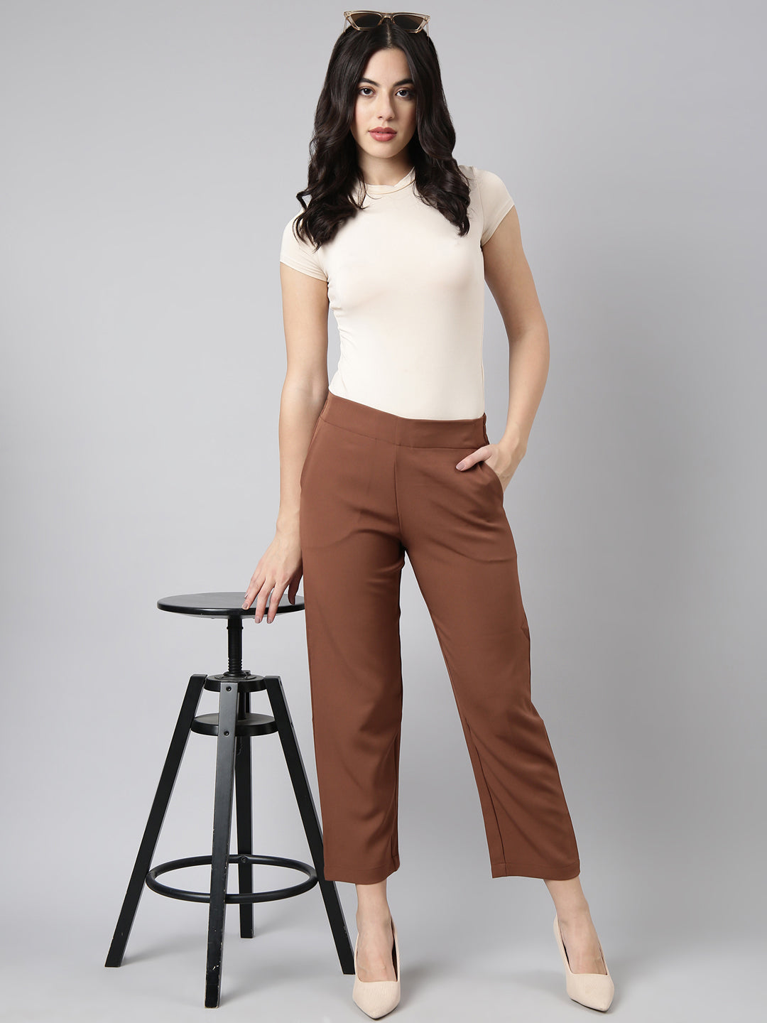 Women Solid Brown Formal Trousers