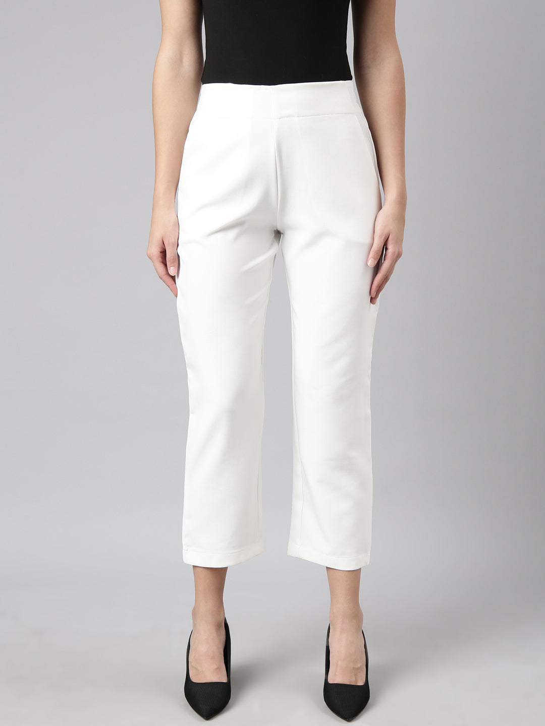 Women Solid Off White Formal Trousers