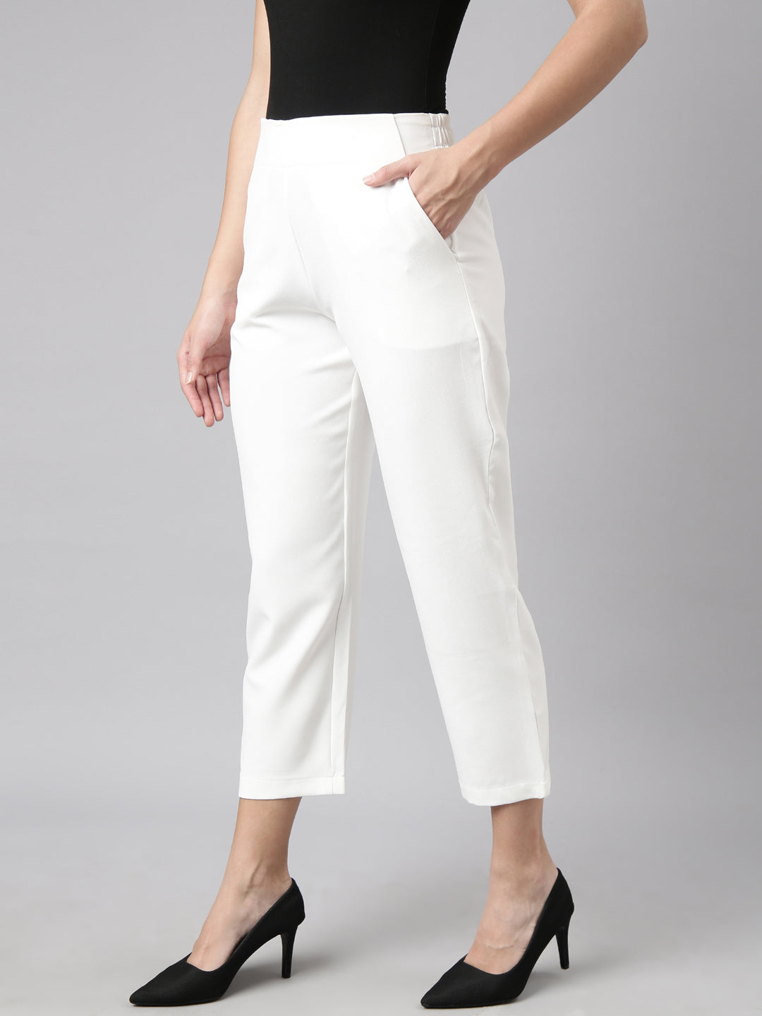 Women Solid Off White Formal Trousers