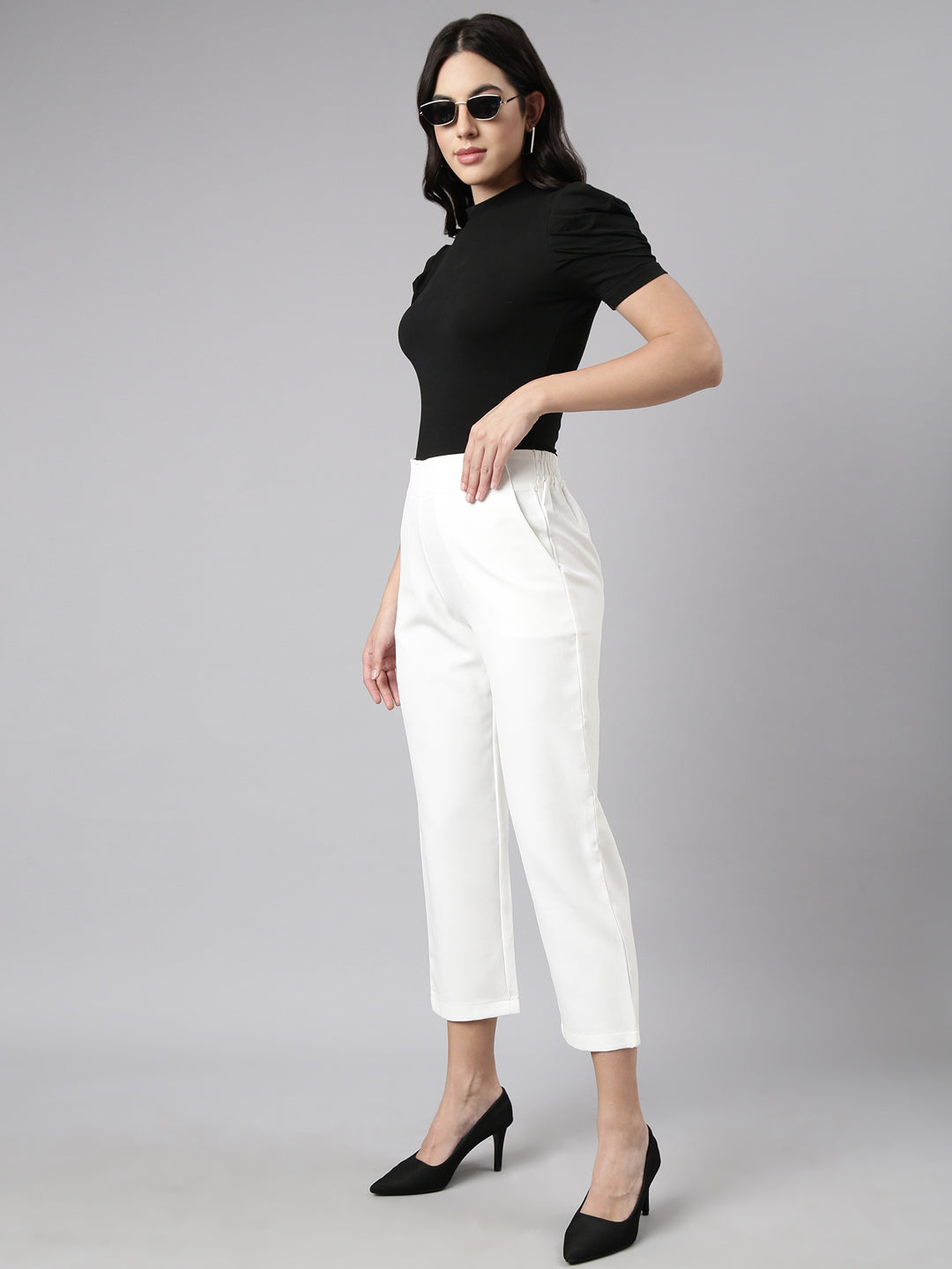 Women Solid Off White Formal Trousers