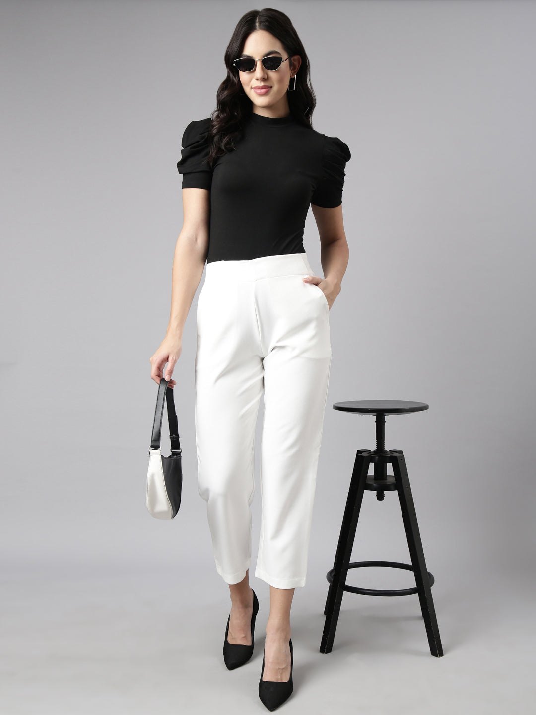 Women Solid Off White Formal Trousers