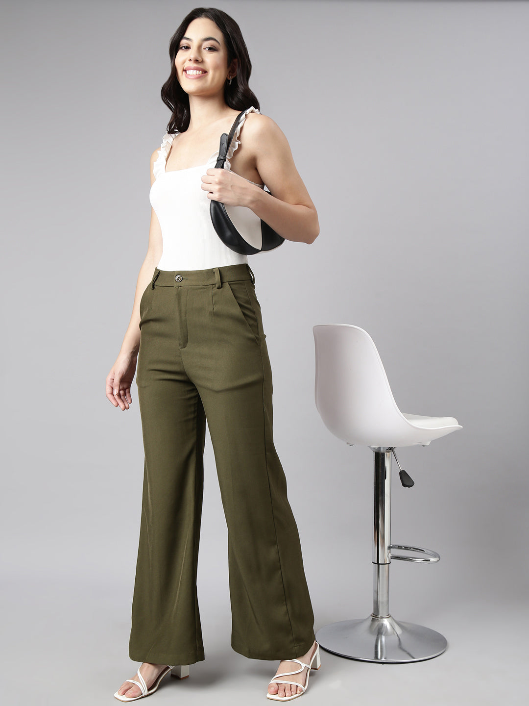 Women Solid Olive Parallel Trousers