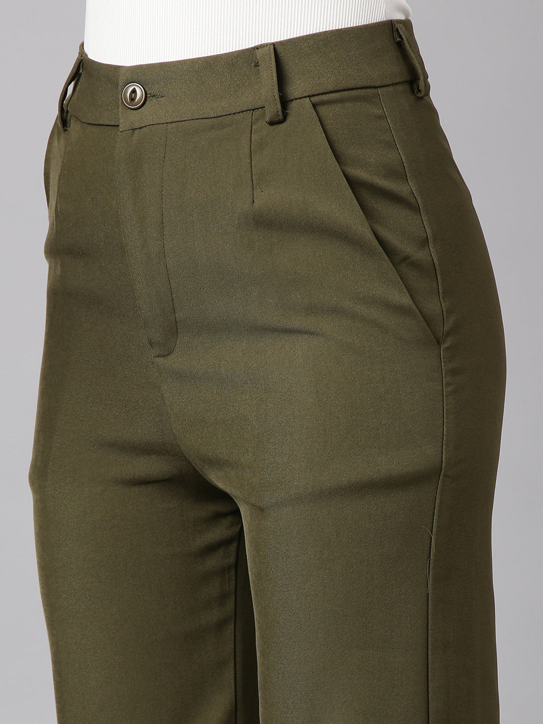 Women Solid Olive Parallel Trousers