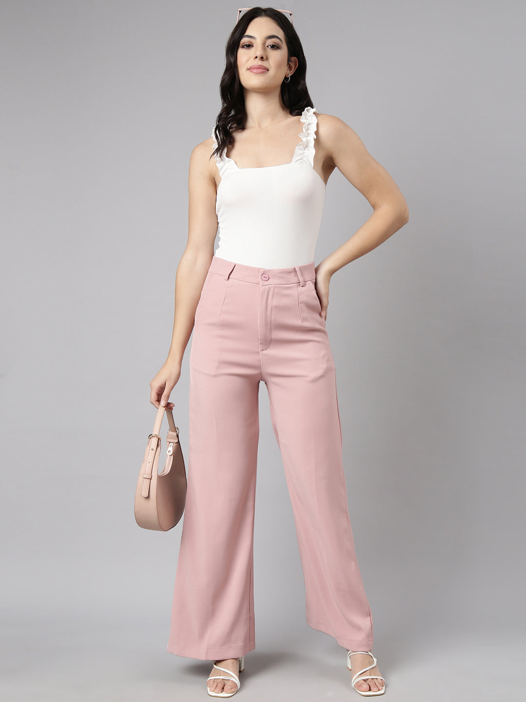 Women Solid Peach Parallel Trousers