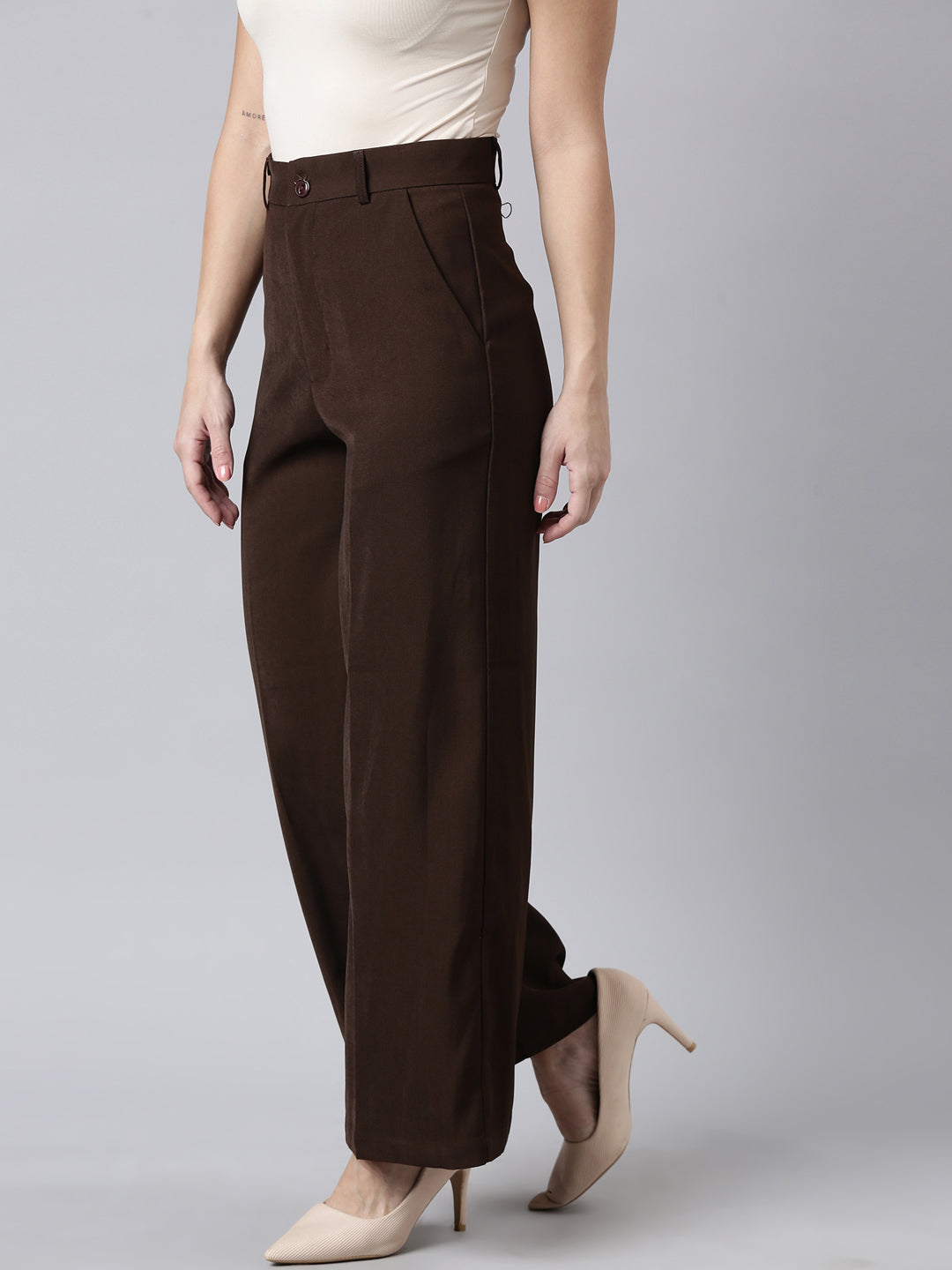 Women Solid Brown Parallel Trousers