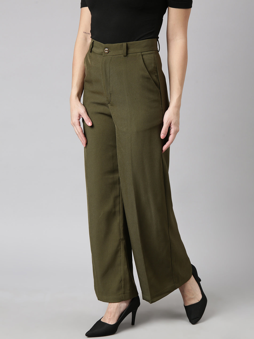 Women Solid Olive Parallel Trousers
