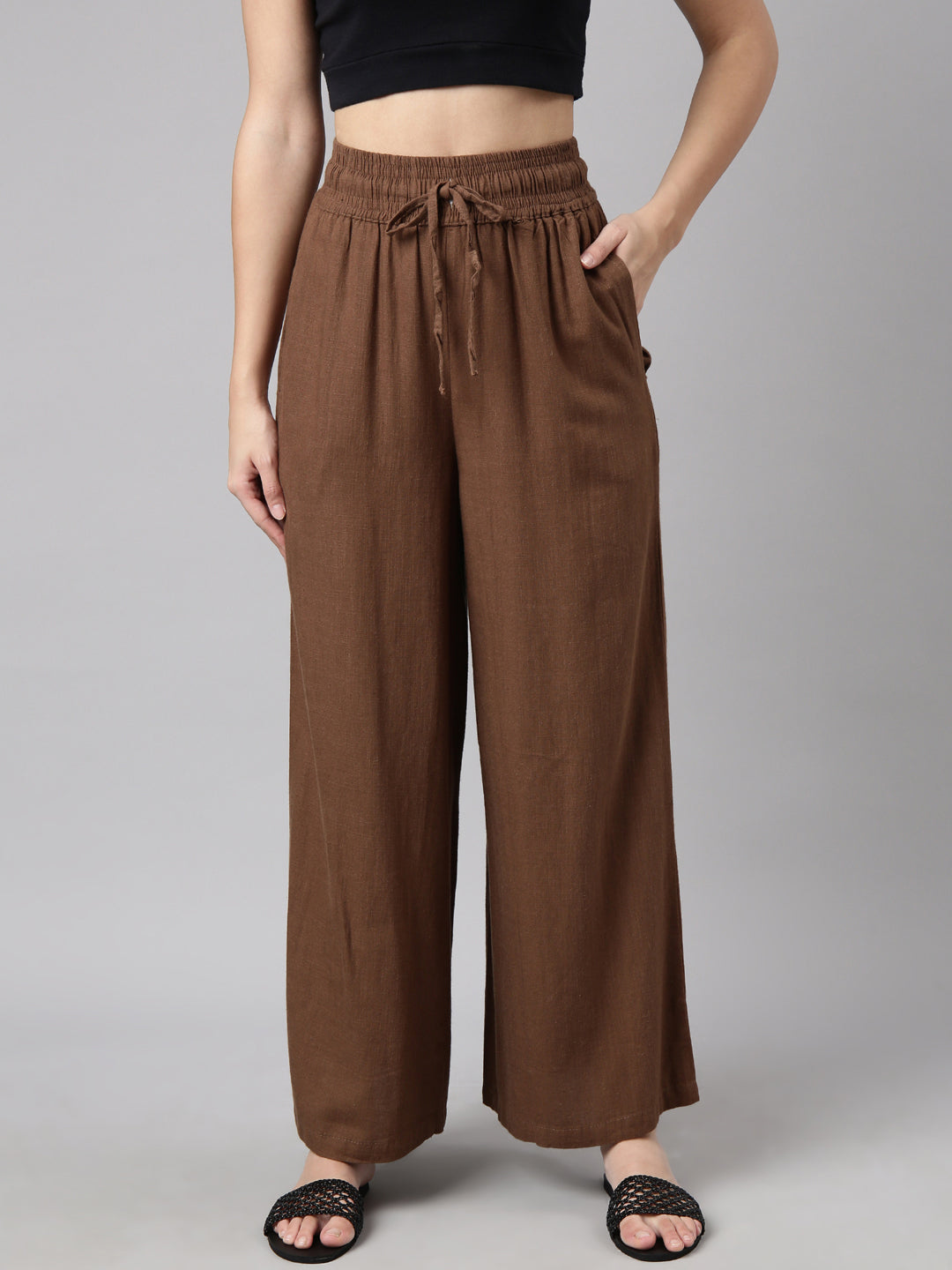 Women Solid Brown Wide Leg Palazzos