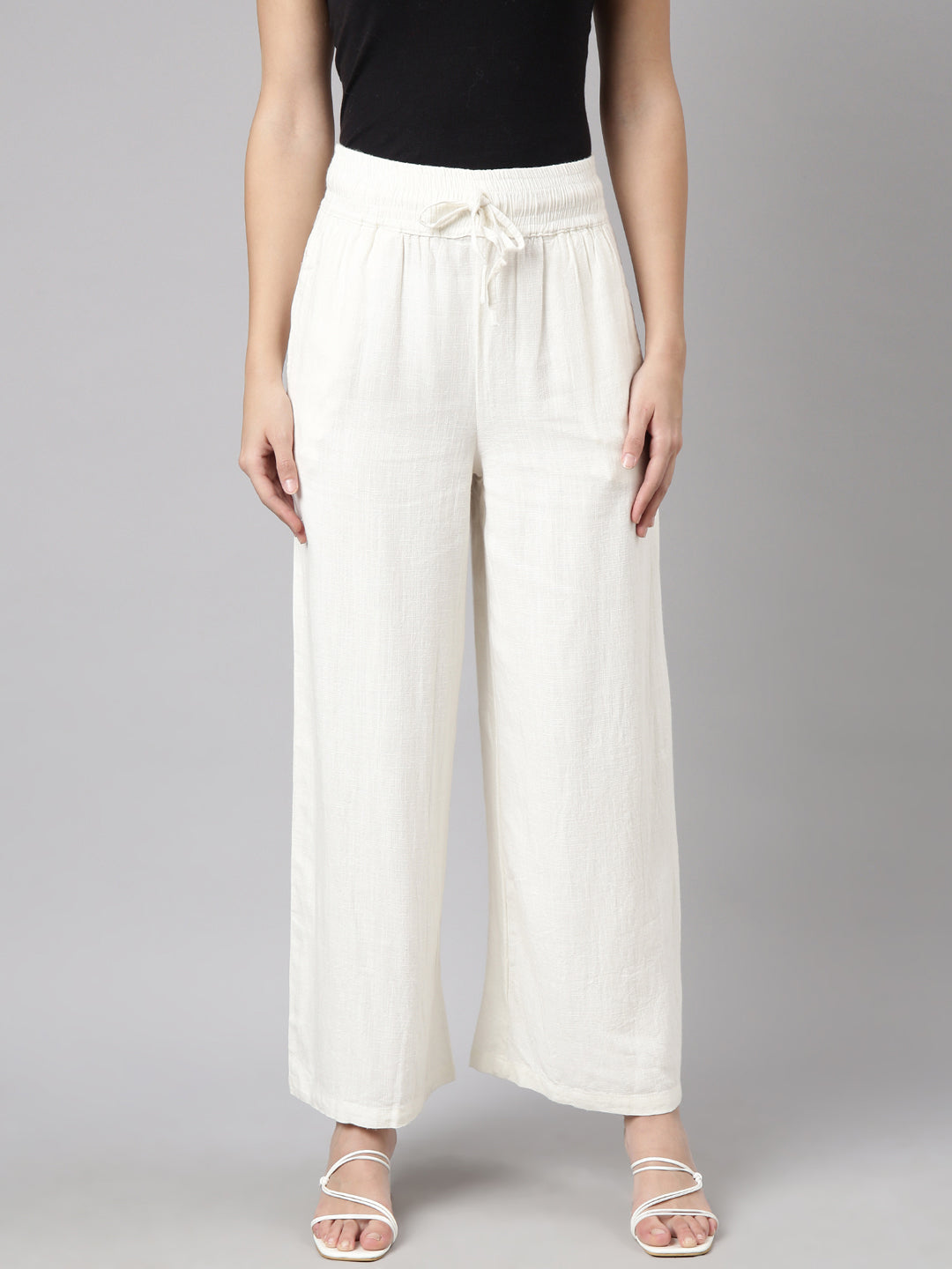 Women Solid Off White Wide Leg Palazzos
