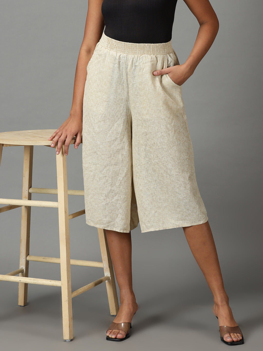 Women's Beige Solid Culottes