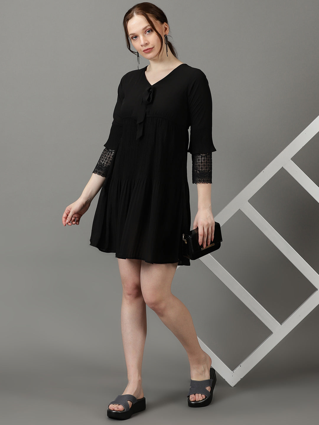 Women's Black Solid Fit and Flare Dress