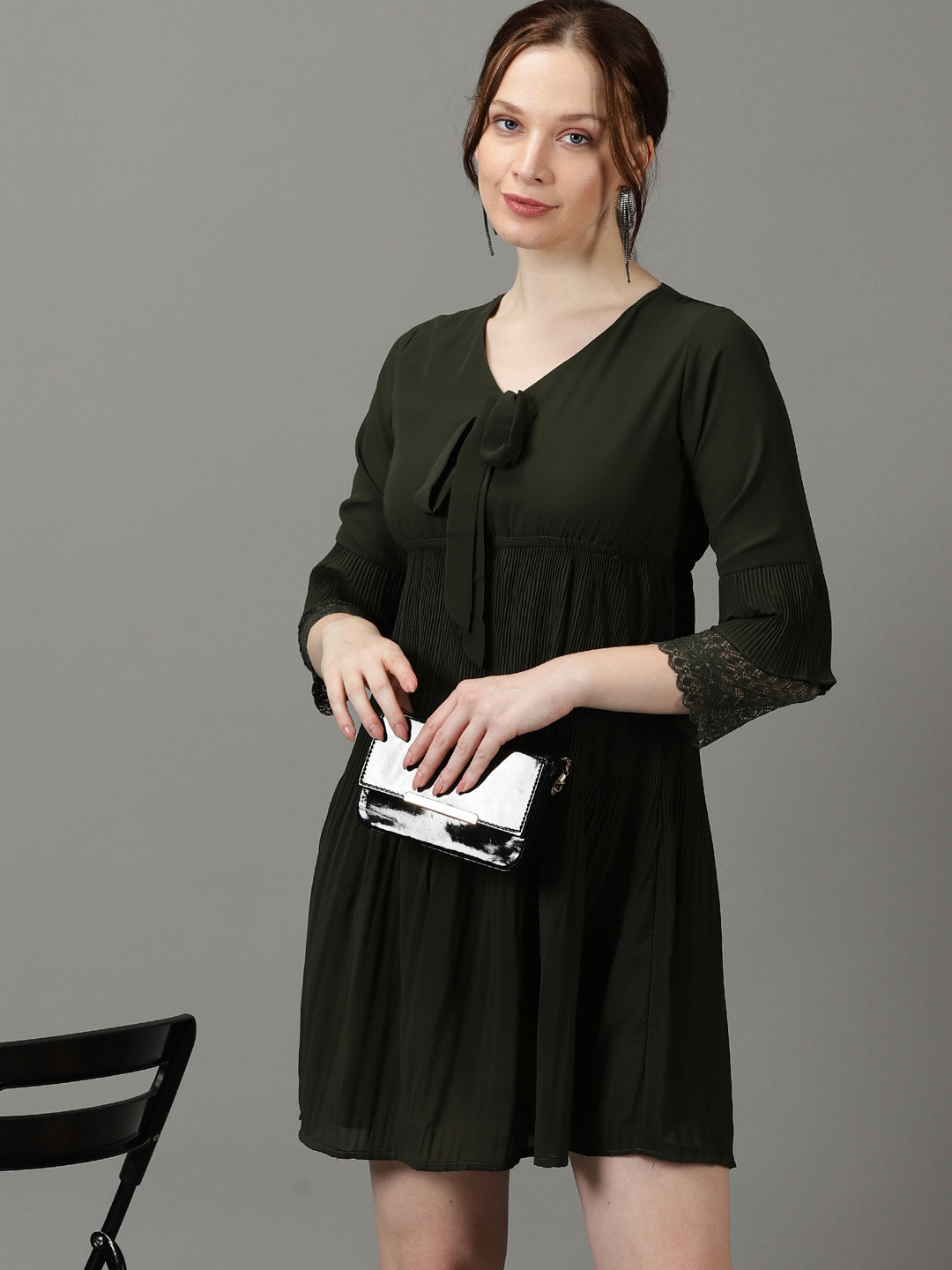 Women's Olive Solid Fit and Flare Dress
