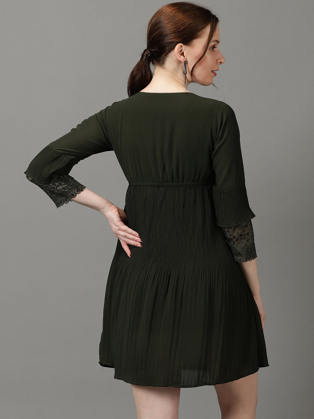 Women's Olive Solid Fit and Flare Dress