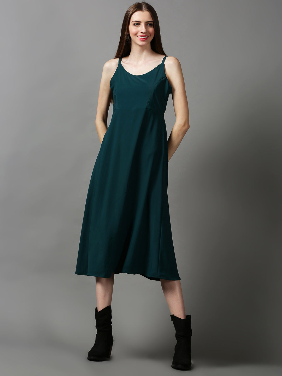 Women's Green Solid A-Line Dress