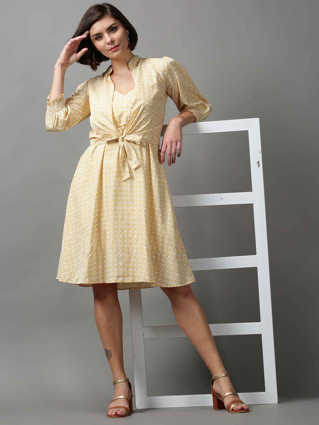 Women's Yellow Printed Fit and Flare Dress