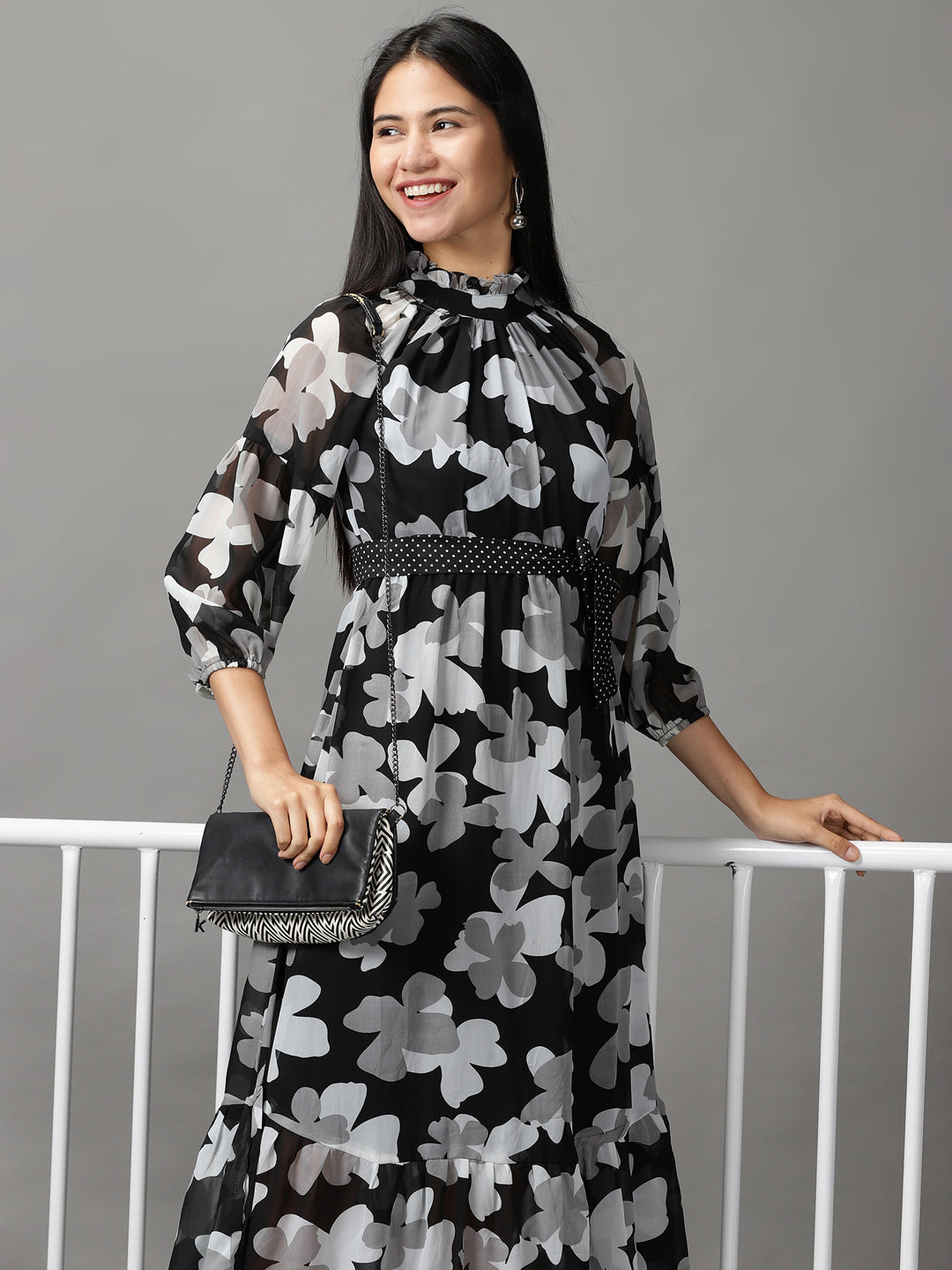 Women's Black Floral Fit and Flare Dress