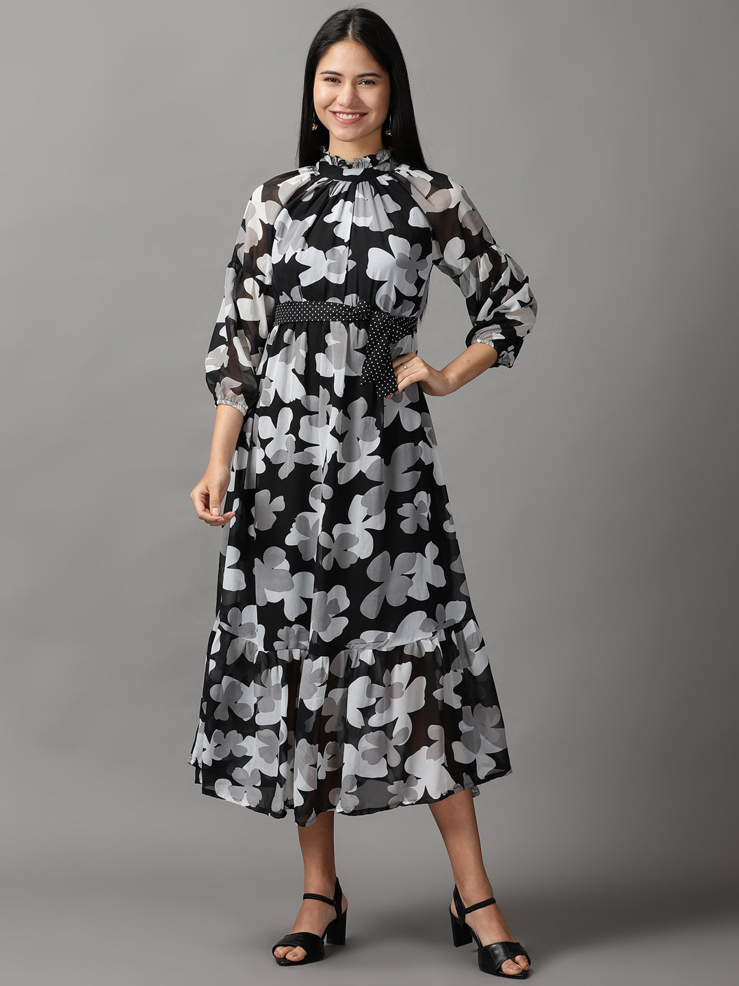 Women's Black Floral Fit and Flare Dress