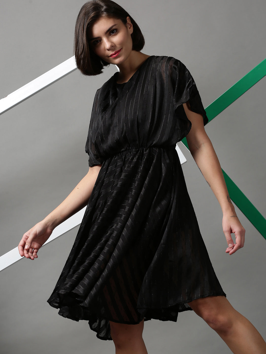 Women's Black Solid Fit and Flare Dress