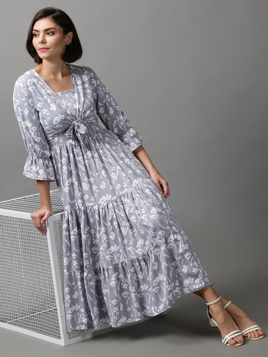 Women's Grey Printed Fit and Flare Dress