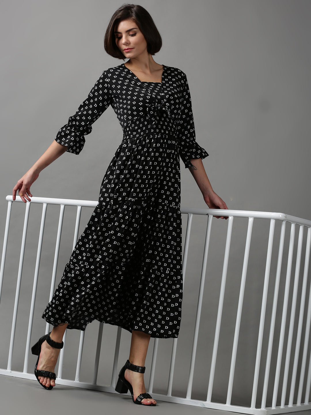 Women's Black Printed Fit and Flare Dress
