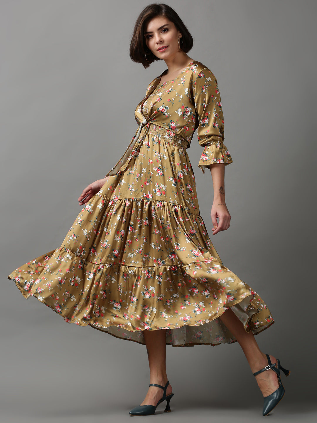 Women's Beige Printed Fit and Flare Dress