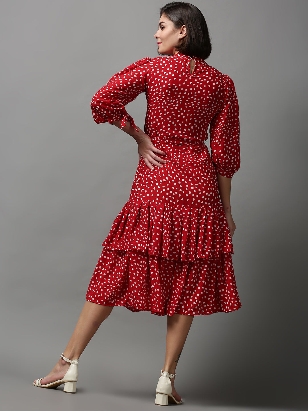 Women's Red Printed Drop-Waist Dress