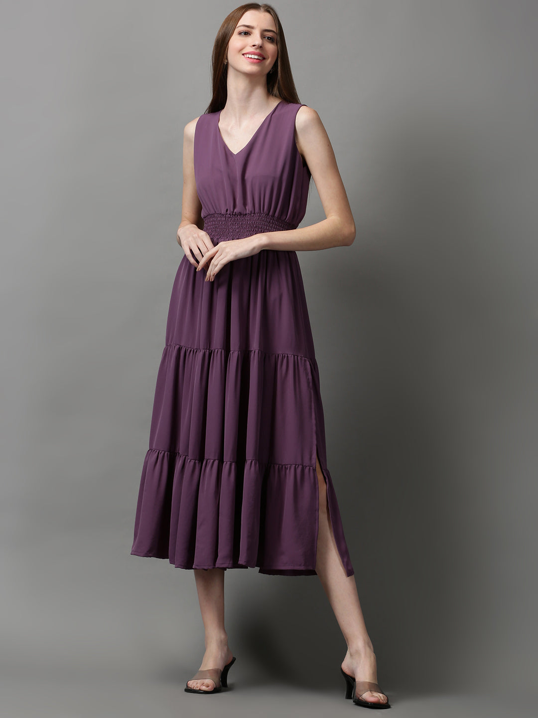 Women's Purple Solid Fit and Flare Dress