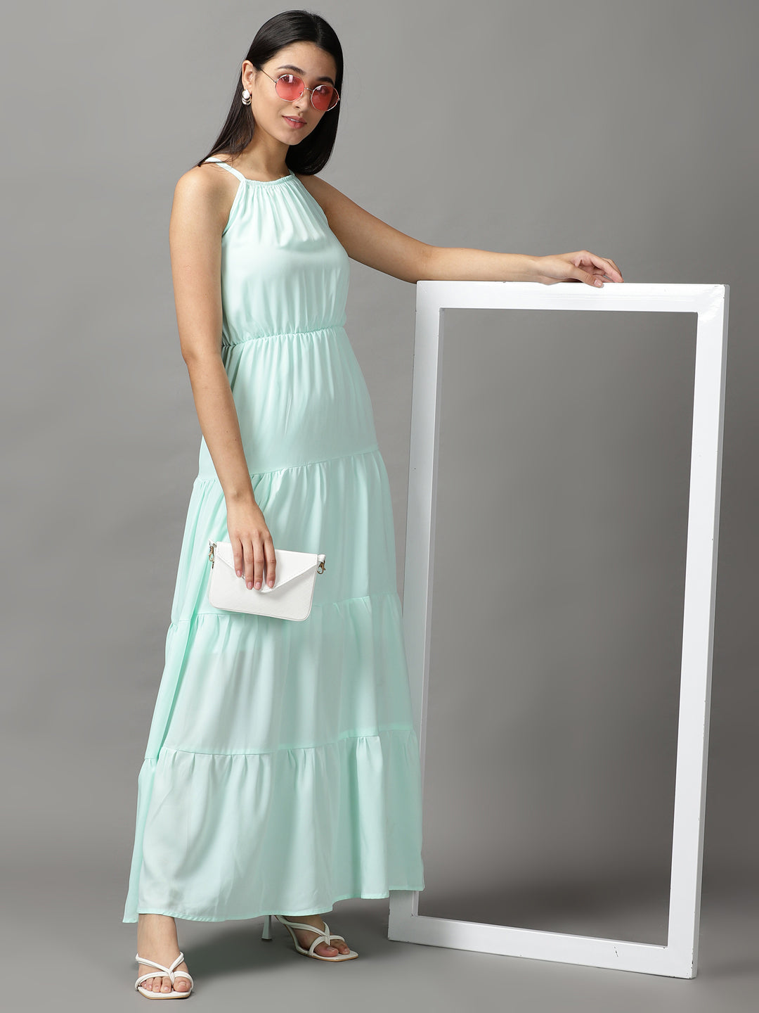 Women's Sea Green Solid Fit and Flare Dress