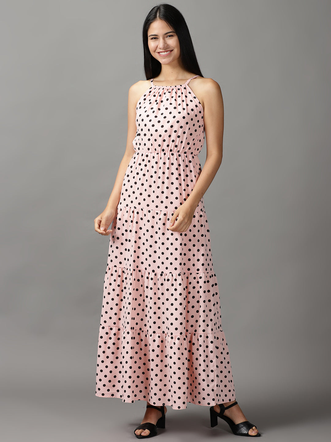 Women's Pink Polka Dots Fit and Flare Dress
