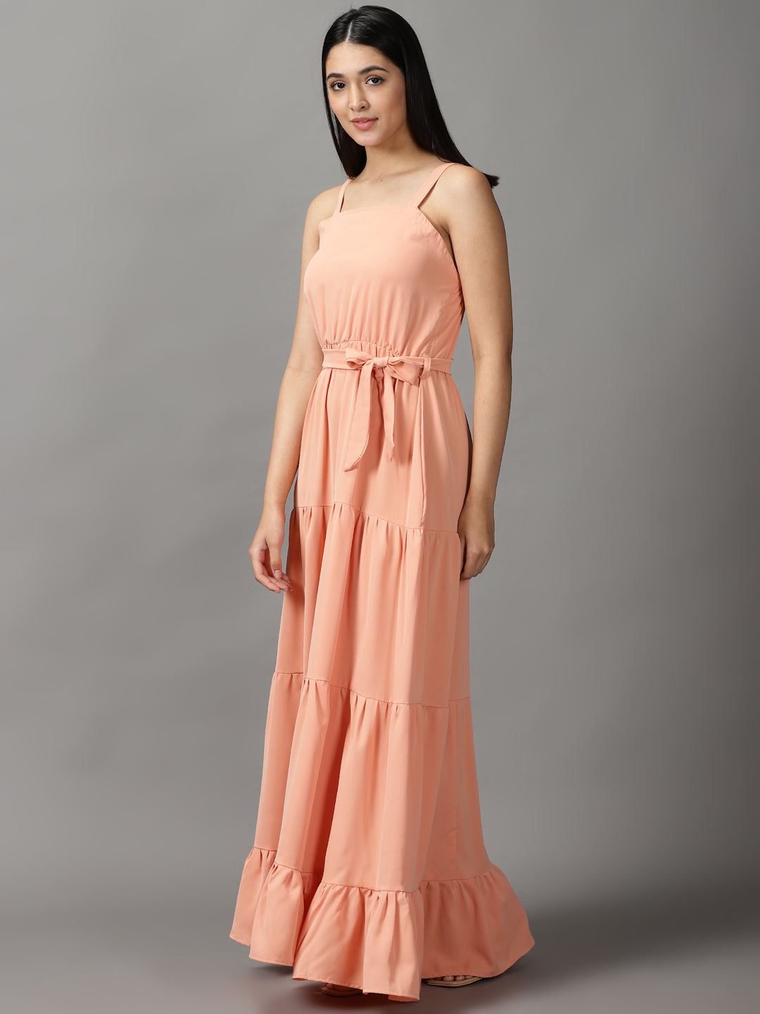 Women's Peach Solid Fit and Flare Dress
