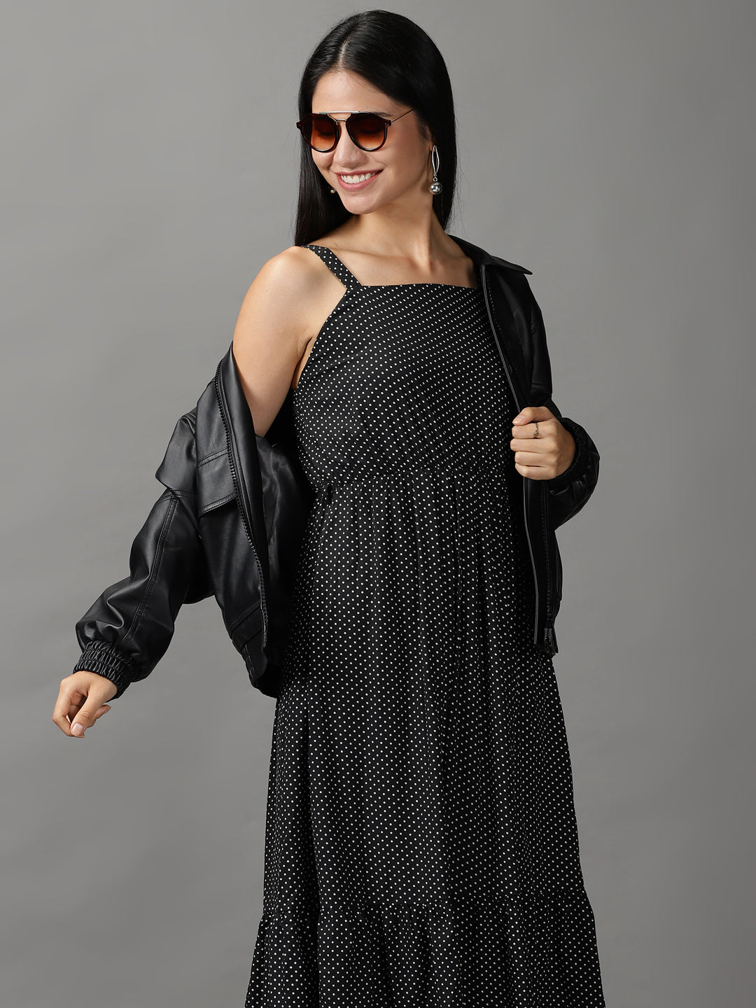Women's Black Polka Dots Fit and Flare Dress
