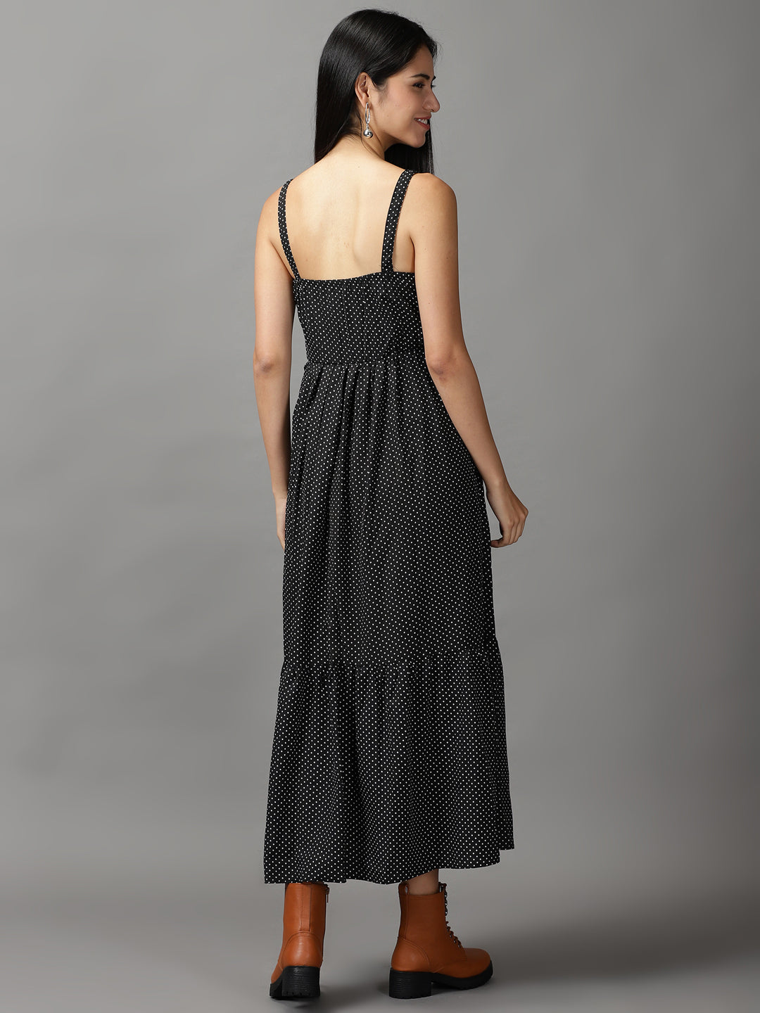 Women's Black Polka Dots Fit and Flare Dress