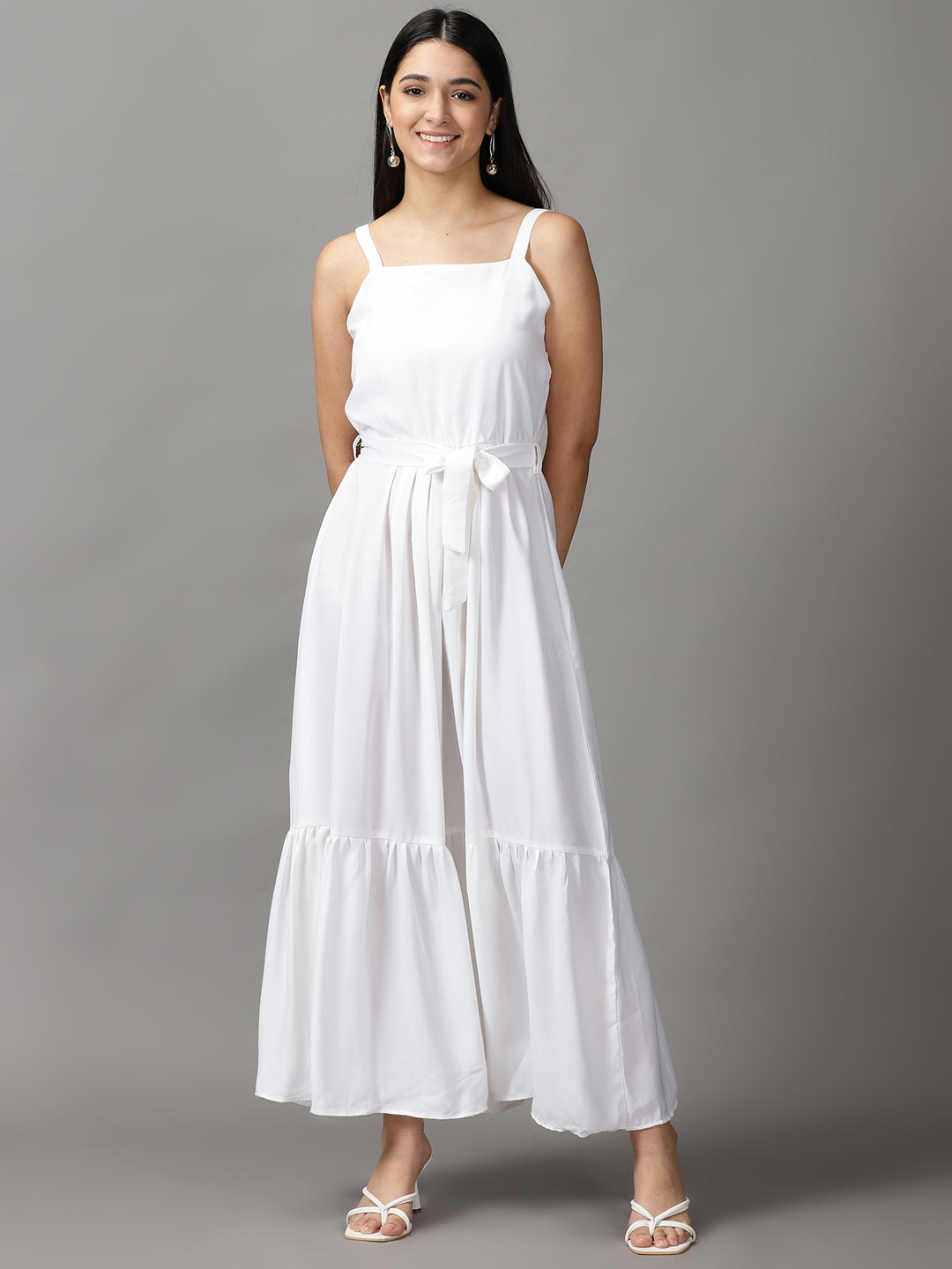 Women's White Solid Fit and Flare Dress