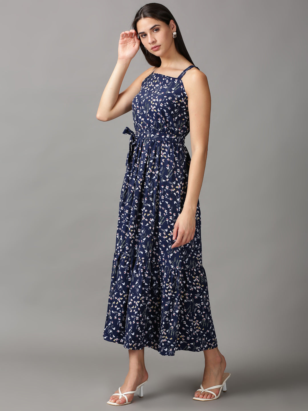 Women's Navy Blue Floral Fit and Flare Dress