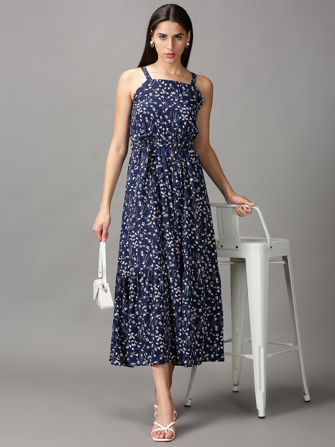 Women's Navy Blue Floral Fit and Flare Dress