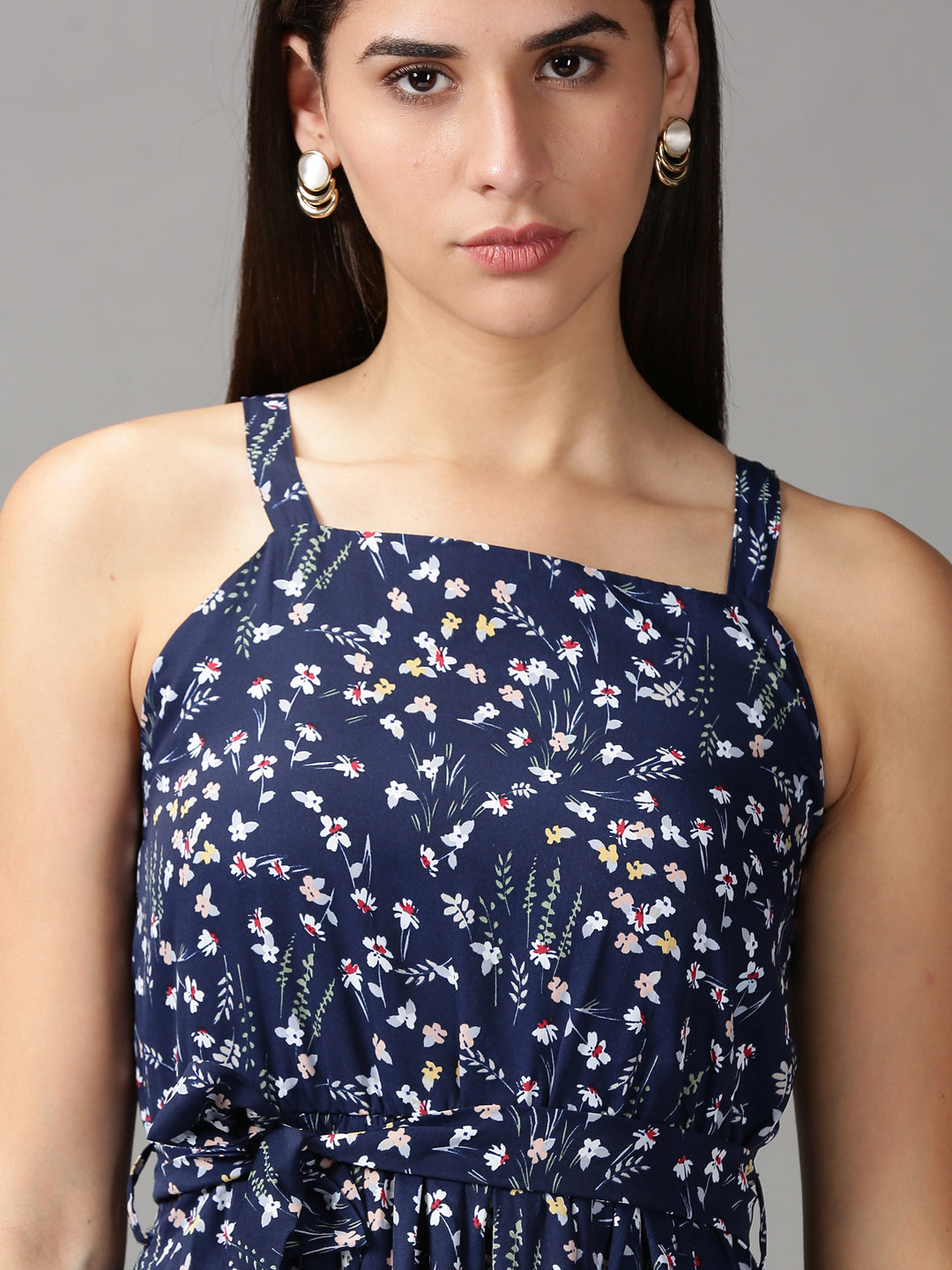 Women's Navy Blue Floral Fit and Flare Dress