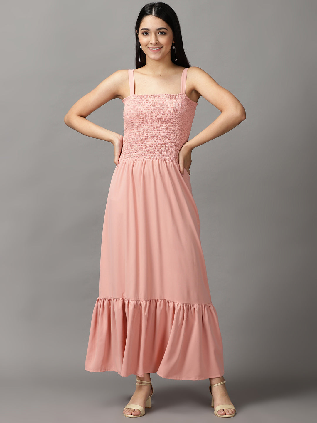 Women's Peach Solid Fit and Flare Dress