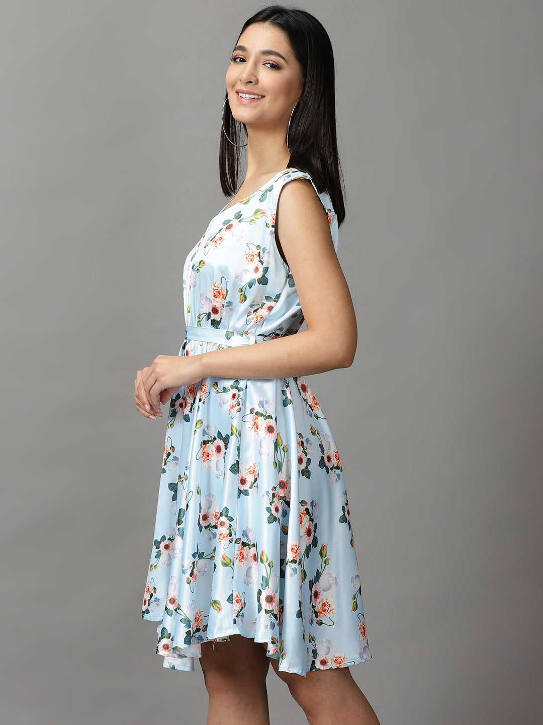 Women's Blue Floral Fit and Flare Dress