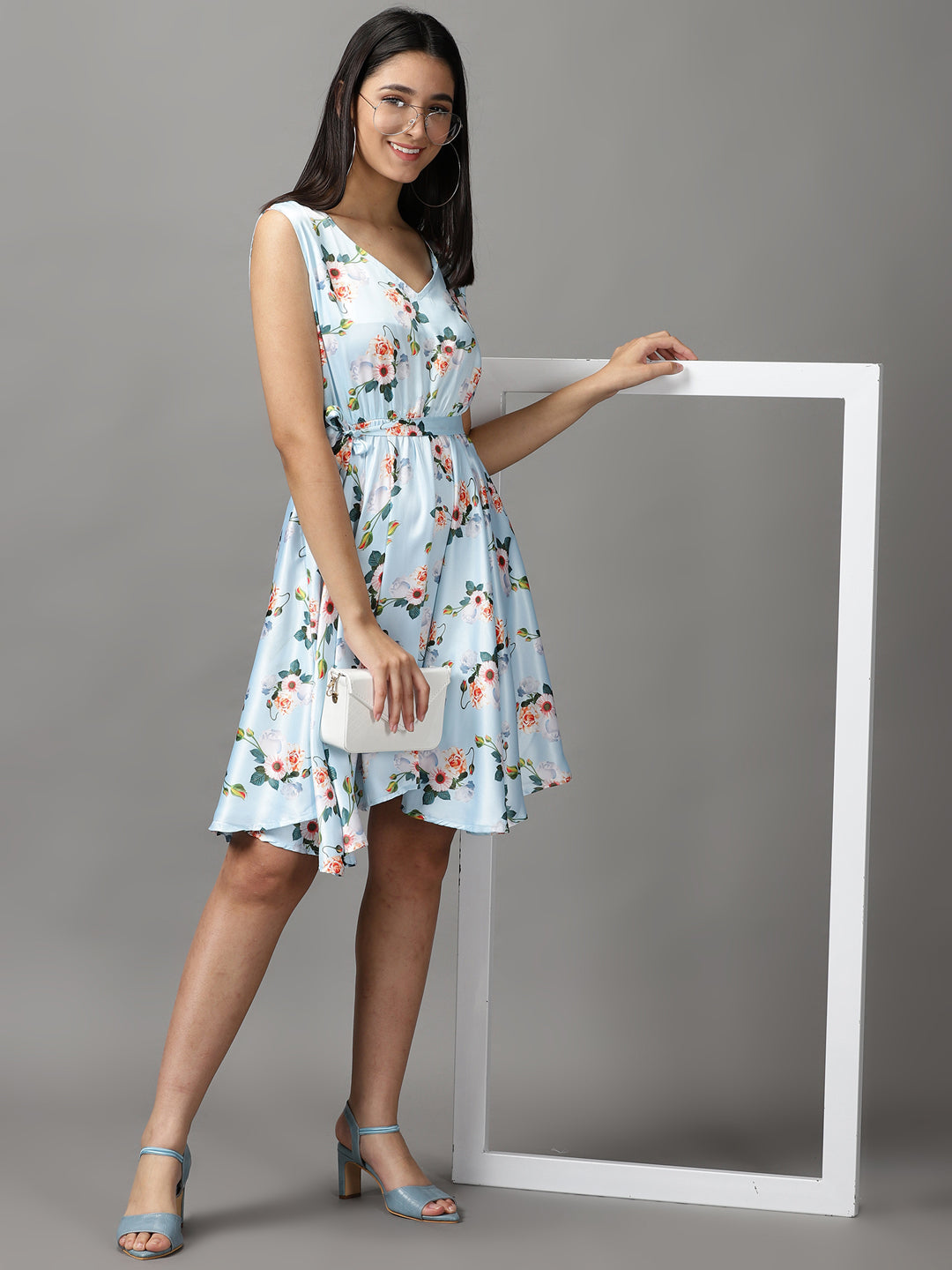 Women's Blue Floral Fit and Flare Dress