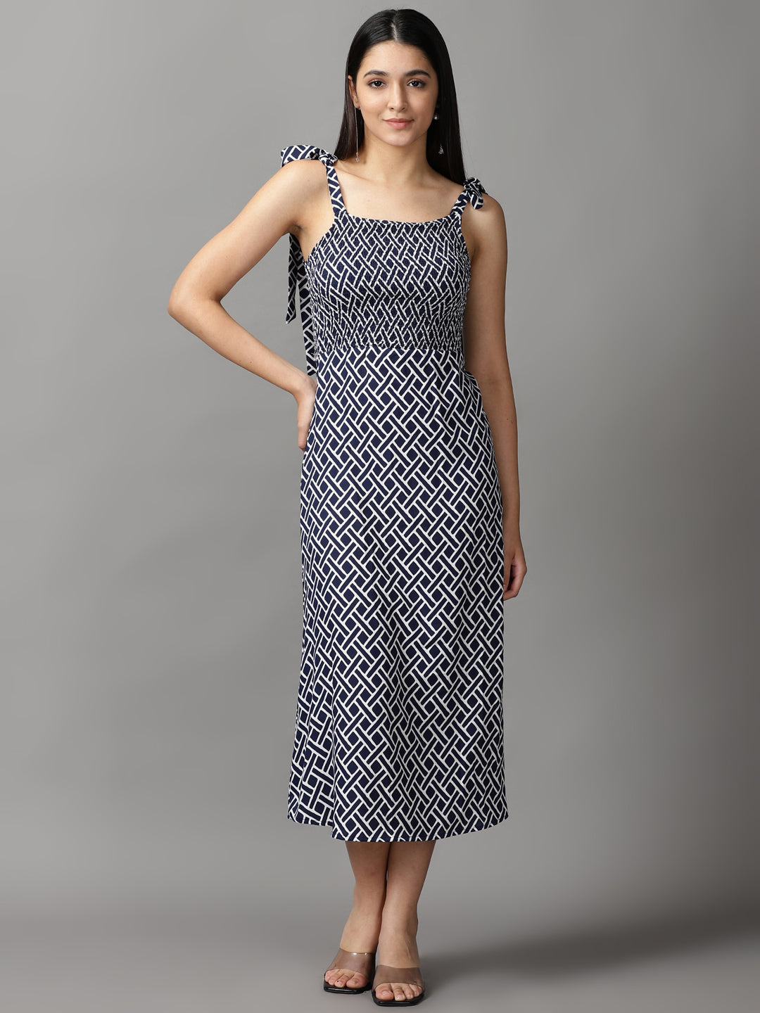 Women's Navy Blue Printed Fit and Flare Dress