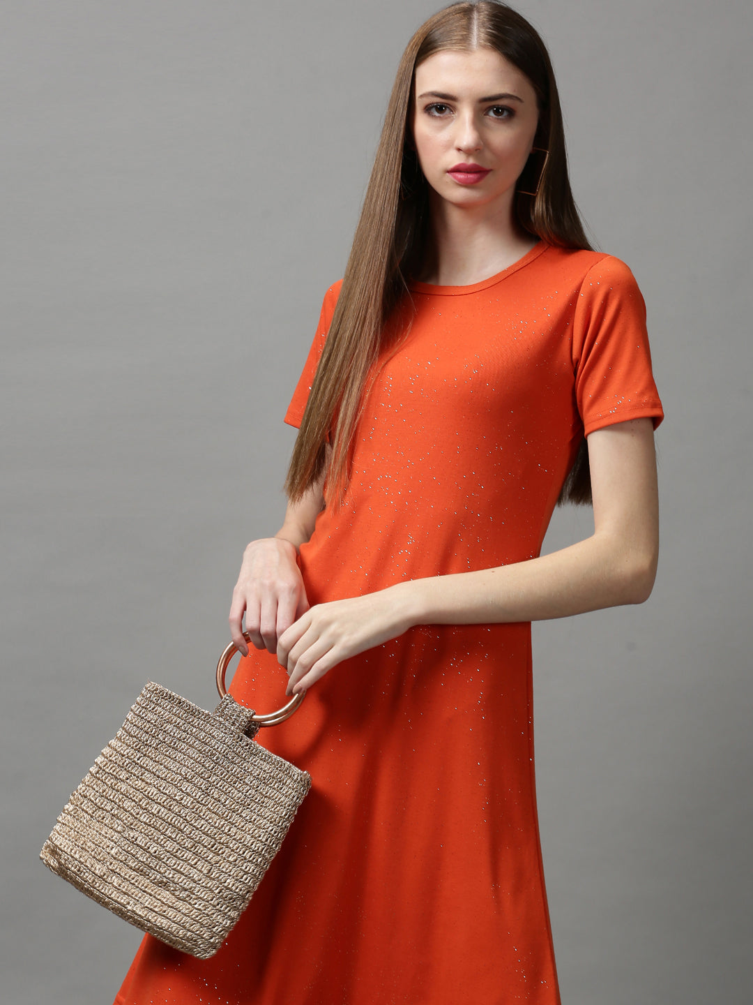 Women's Orange Embellished A-Line Dress