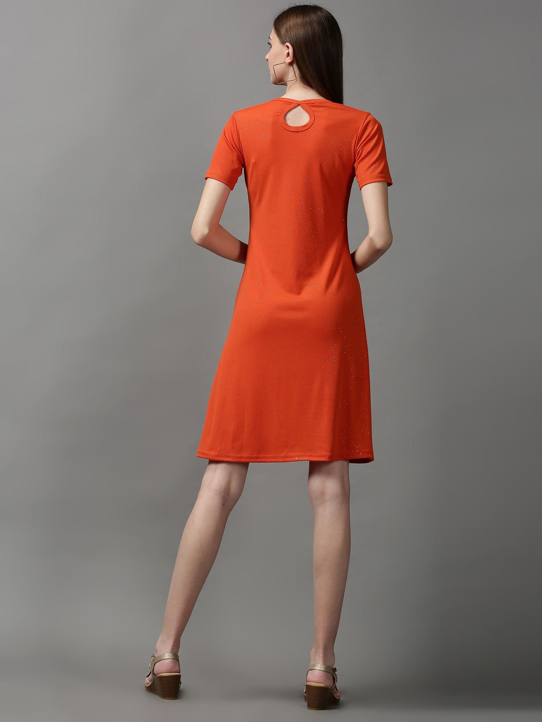 Women's Orange Embellished A-Line Dress