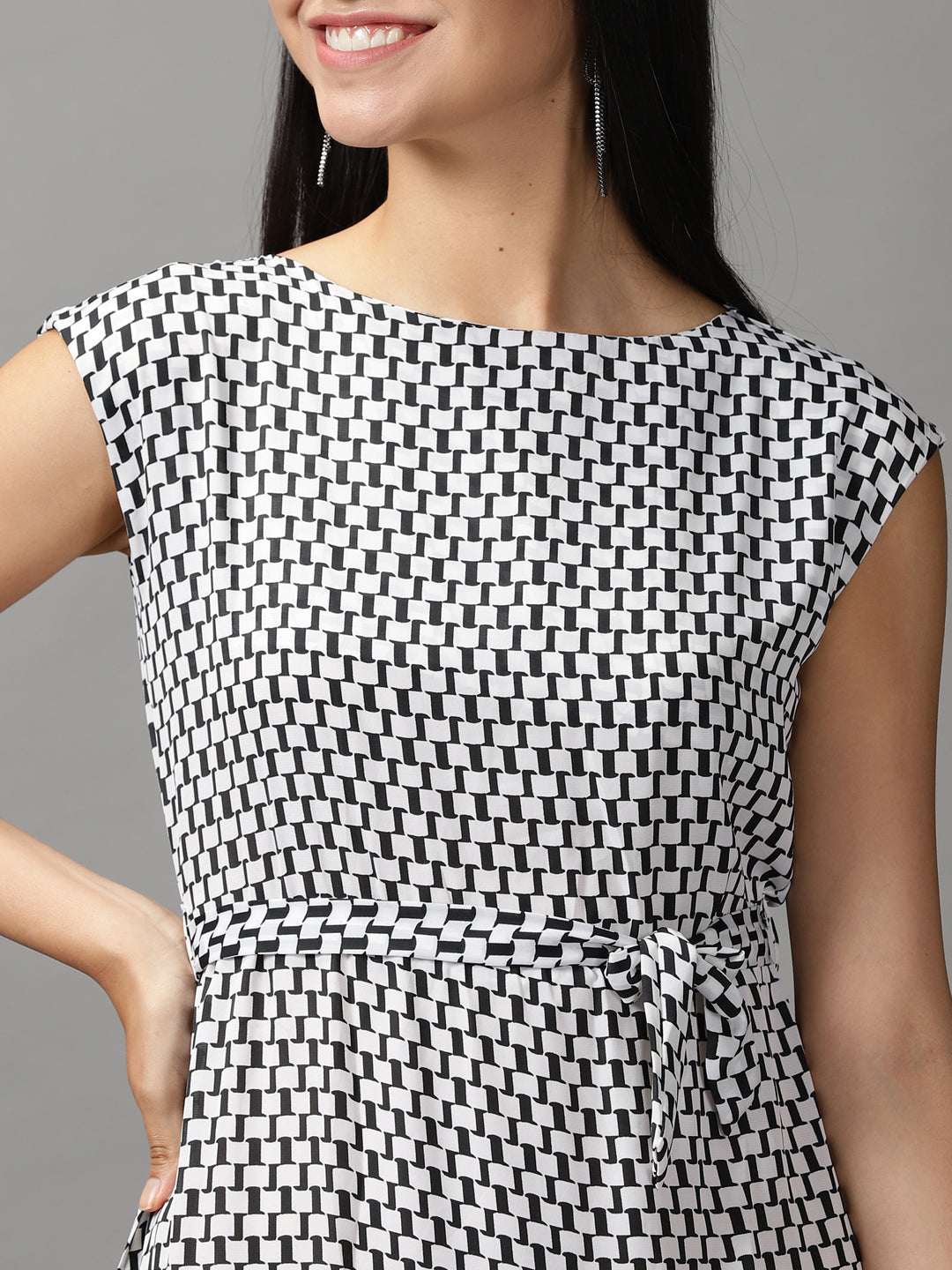 Women's White Geometrical Fit and Flare Dress