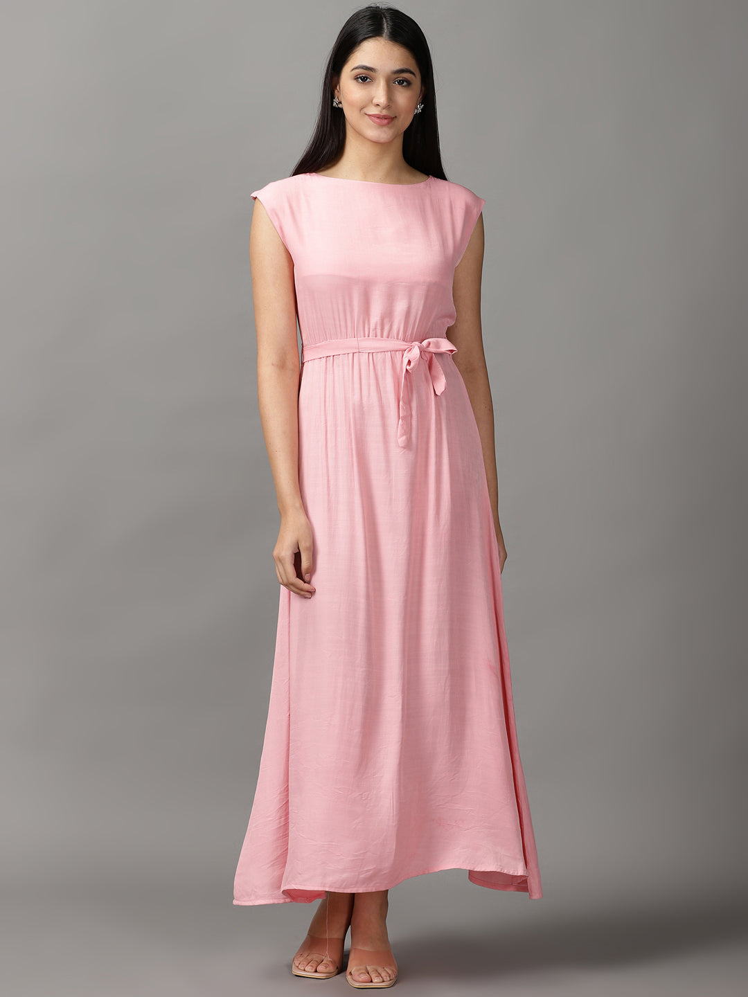 Women's Pink Solid Fit and Flare Dress